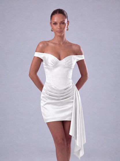 Off-Shoulder Satin Corset Ruched Side-Drape Mini Dress – Party & Cocktail Dress - White - View 2