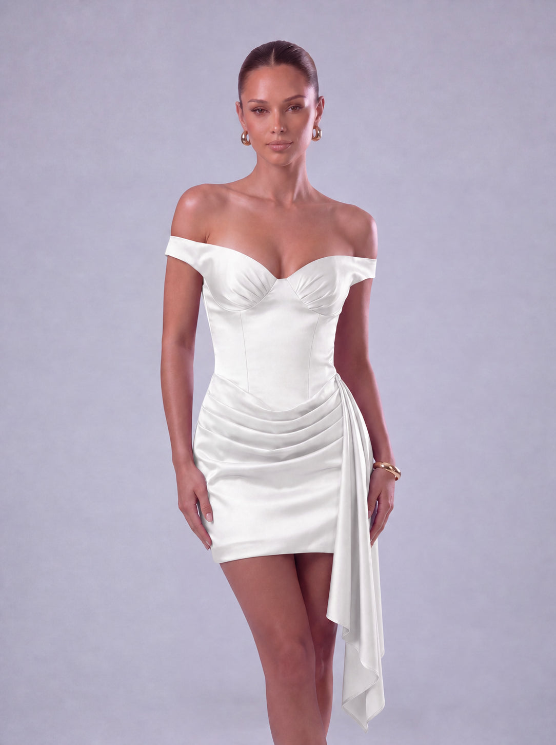 Off-Shoulder Satin Corset Ruched Side-Drape Mini Dress – Party & Cocktail Dress - White - View 3