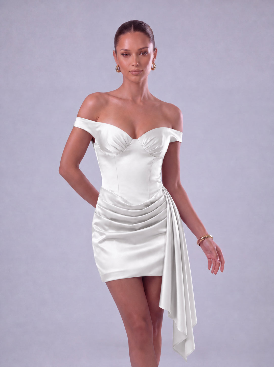 Off-Shoulder Satin Corset Ruched Side-Drape Mini Dress – Party & Cocktail Dress - White - View 4