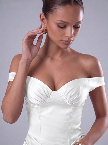 Off-Shoulder Satin Corset Ruched Side-Drape Mini Dress – Party & Cocktail Dress - White - View 5