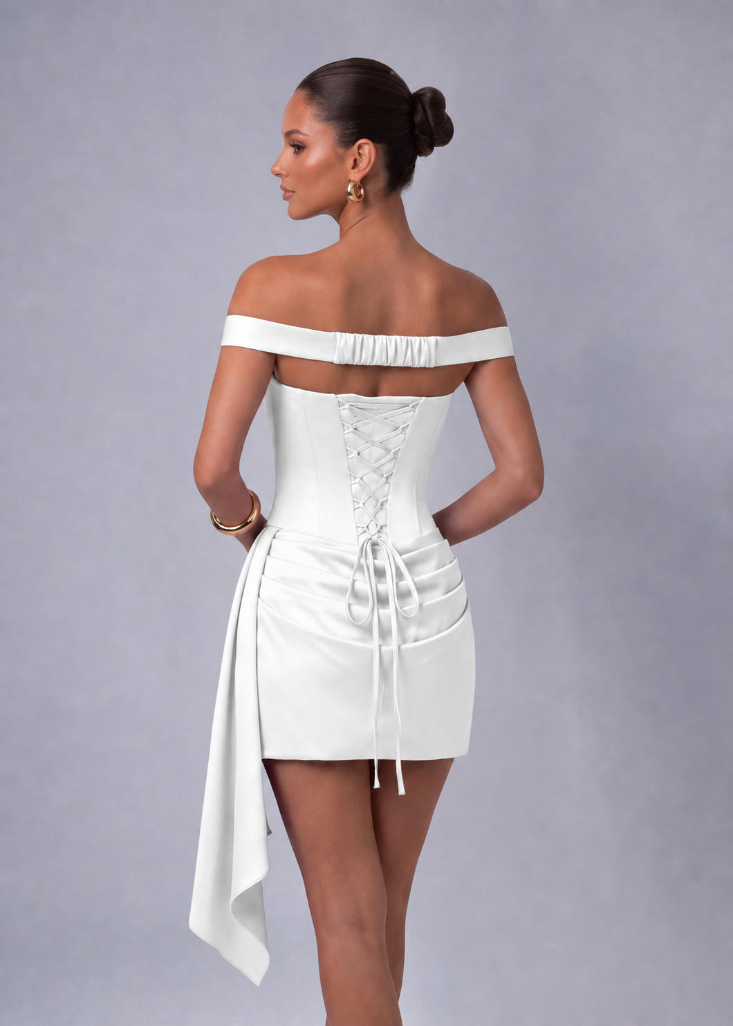 Off-Shoulder Satin Corset Ruched Side-Drape Mini Dress – Party & Cocktail Dress - White - View 7