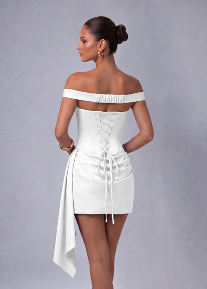 Off-Shoulder Satin Corset Ruched Side-Drape Mini Dress – Party & Cocktail Dress - White - View 7