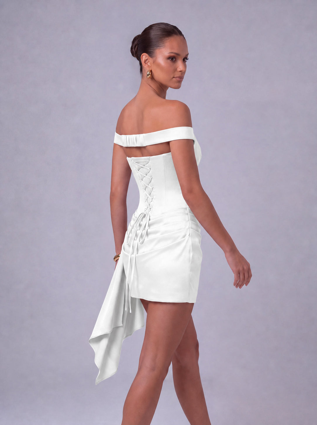 Off-Shoulder Satin Corset Ruched Side-Drape Mini Dress – Party & Cocktail Dress - White - View 8
