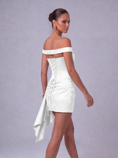 Off-Shoulder Satin Corset Ruched Side-Drape Mini Dress – Party & Cocktail Dress - White - View 8