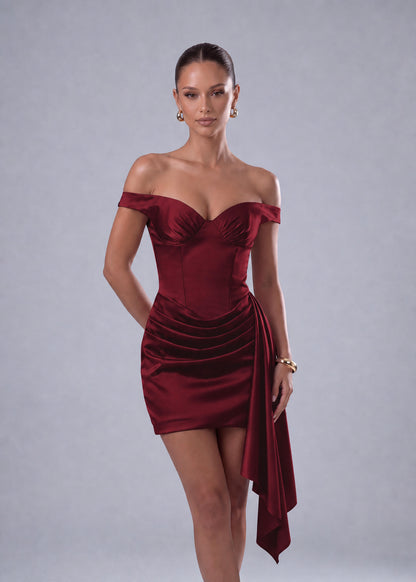 Off-Shoulder Satin Corset Ruched Side-Drape Mini Dress – Party & Cocktail Dress - Wine Red - View 1