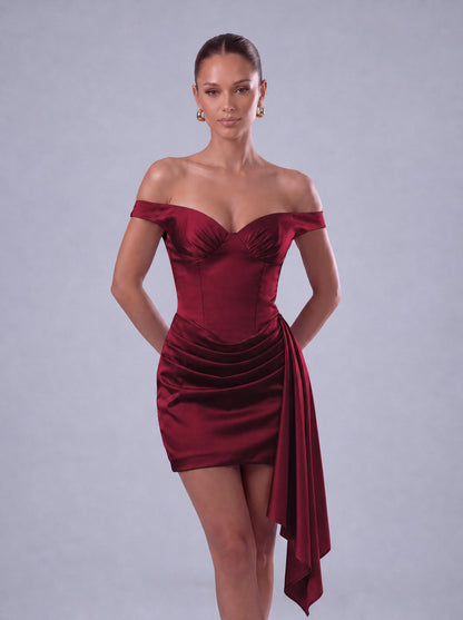 Off-Shoulder Satin Corset Ruched Side-Drape Mini Dress – Party & Cocktail Dress - Wine Red - View 2