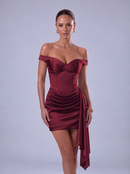 Off-Shoulder Satin Corset Ruched Side-Drape Mini Dress – Party & Cocktail Dress - Wine Red - View 3