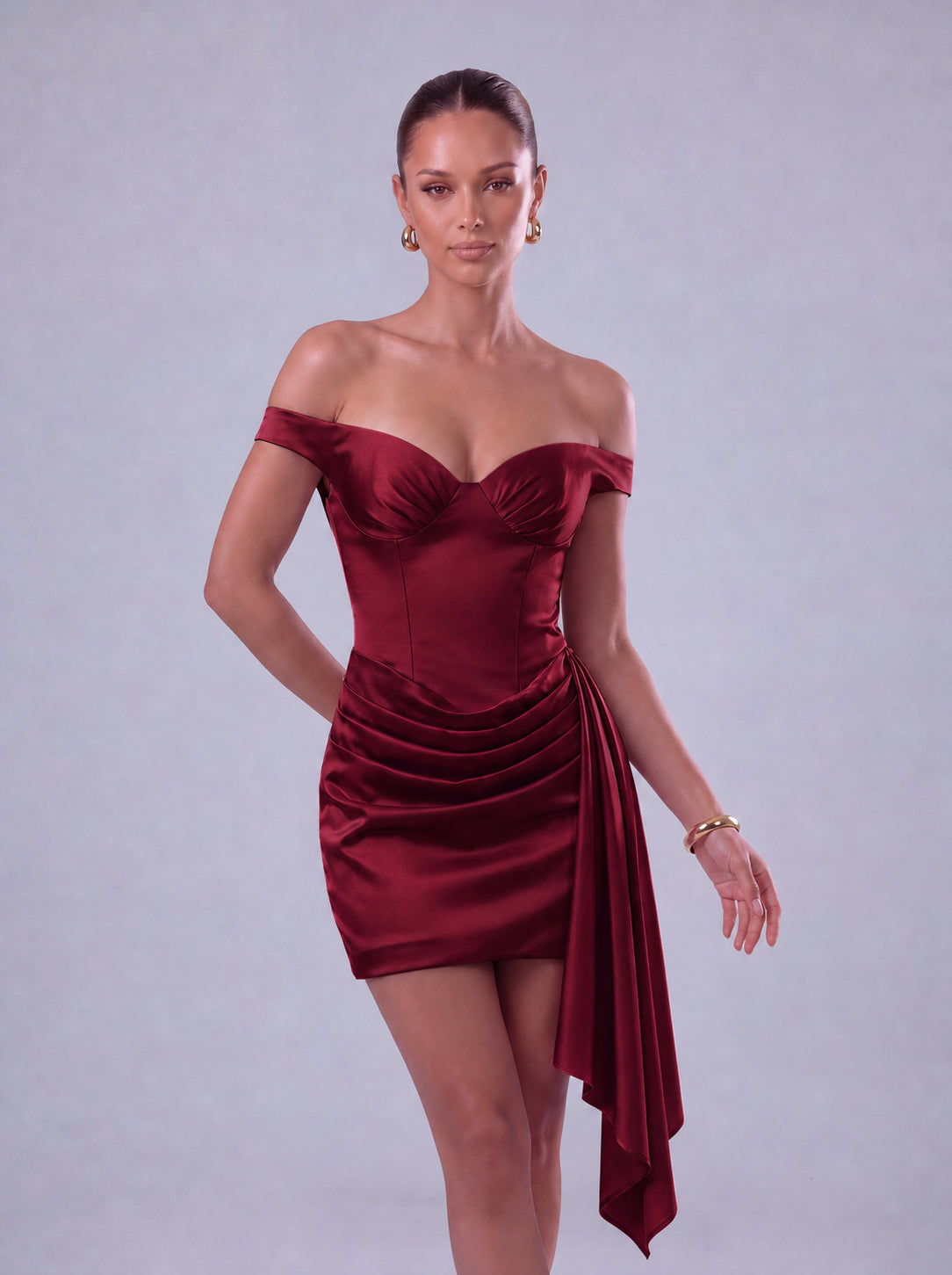 Off-Shoulder Satin Corset Ruched Side-Drape Mini Dress – Party & Cocktail Dress - Wine Red - View 4