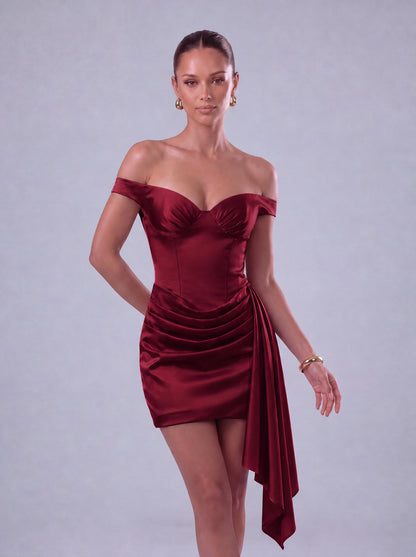 Off-Shoulder Satin Corset Ruched Side-Drape Mini Dress – Party & Cocktail Dress - Wine Red - View 4