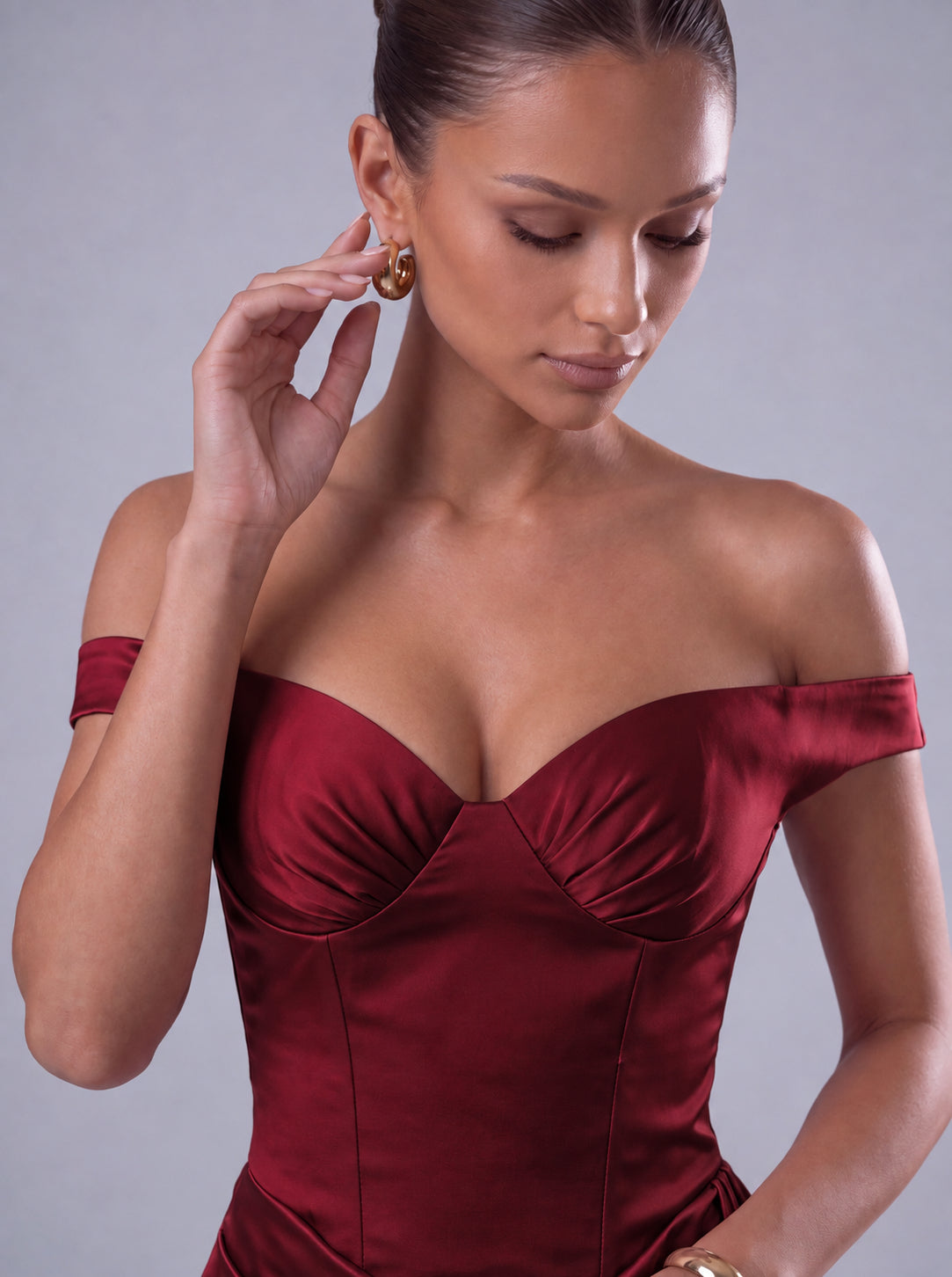 Off-Shoulder Satin Corset Ruched Side-Drape Mini Dress – Party & Cocktail Dress - Wine Red - View 5