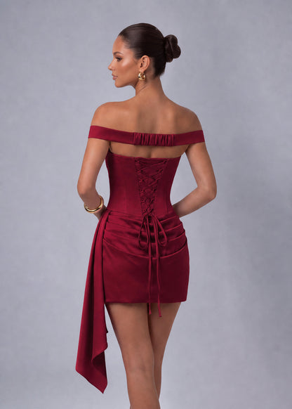 Off-Shoulder Satin Corset Ruched Side-Drape Mini Dress – Party & Cocktail Dress - Wine Red - View 7