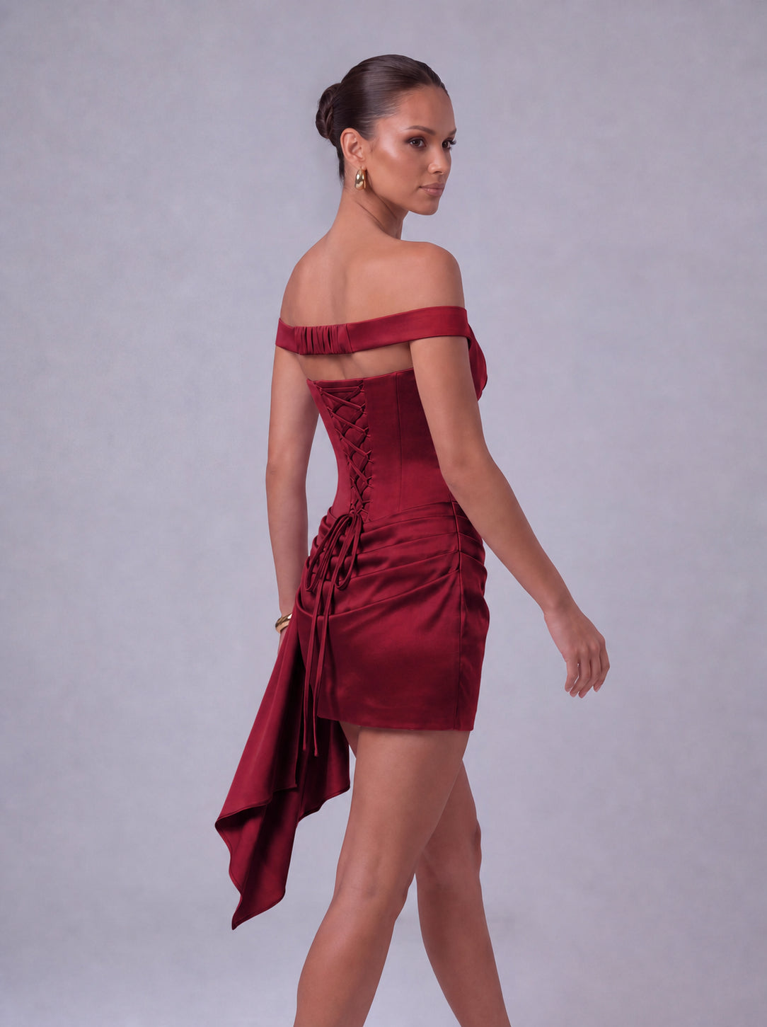 Off-Shoulder Satin Corset Ruched Side-Drape Mini Dress – Party & Cocktail Dress - Wine Red - View 8