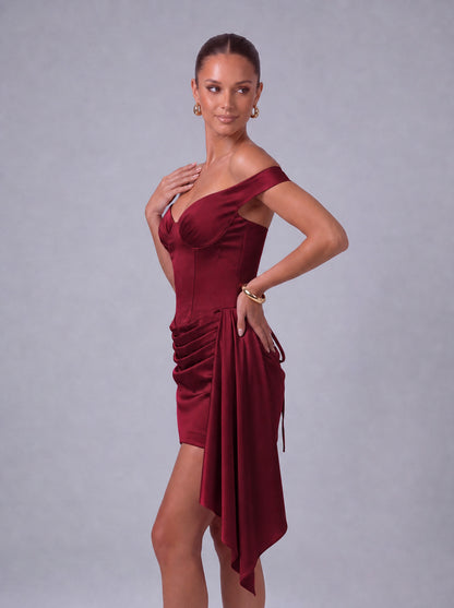 Off-Shoulder Satin Corset Ruched Side-Drape Mini Dress – Party & Cocktail Dress - Wine Red - View 9