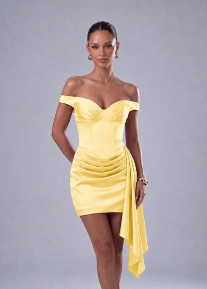 Off-Shoulder Satin Corset Ruched Side-Drape Mini Dress – Party & Cocktail Dress - Yellow - View 1