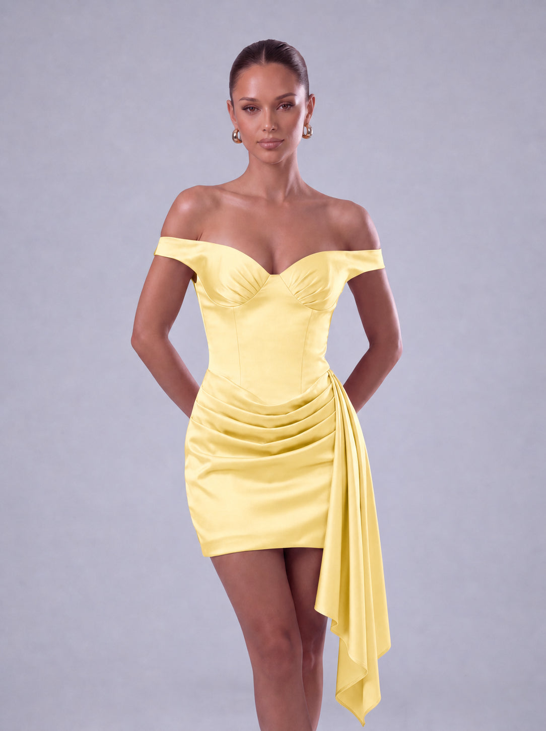 Off-Shoulder Satin Corset Ruched Side-Drape Mini Dress – Party & Cocktail Dress - Yellow - View 2