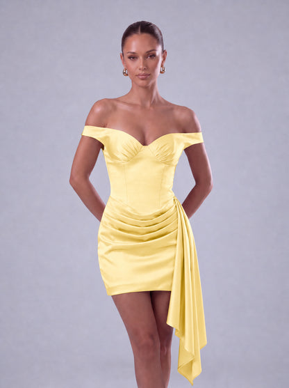 Off-Shoulder Satin Corset Ruched Side-Drape Mini Dress – Party & Cocktail Dress - Yellow - View 2