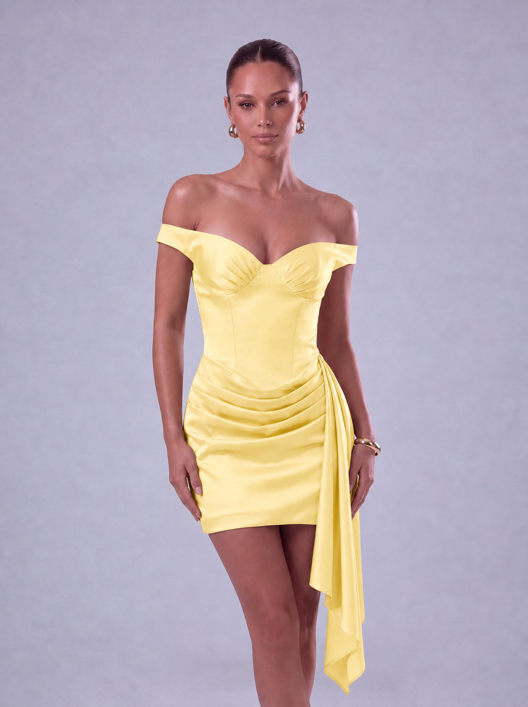 Off-Shoulder Satin Corset Ruched Side-Drape Mini Dress – Party & Cocktail Dress - Yellow - View 3