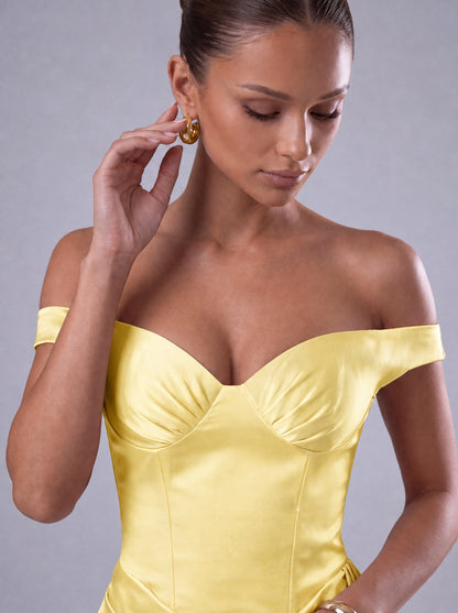 Off-Shoulder Satin Corset Ruched Side-Drape Mini Dress – Party & Cocktail Dress - Yellow - View 5
