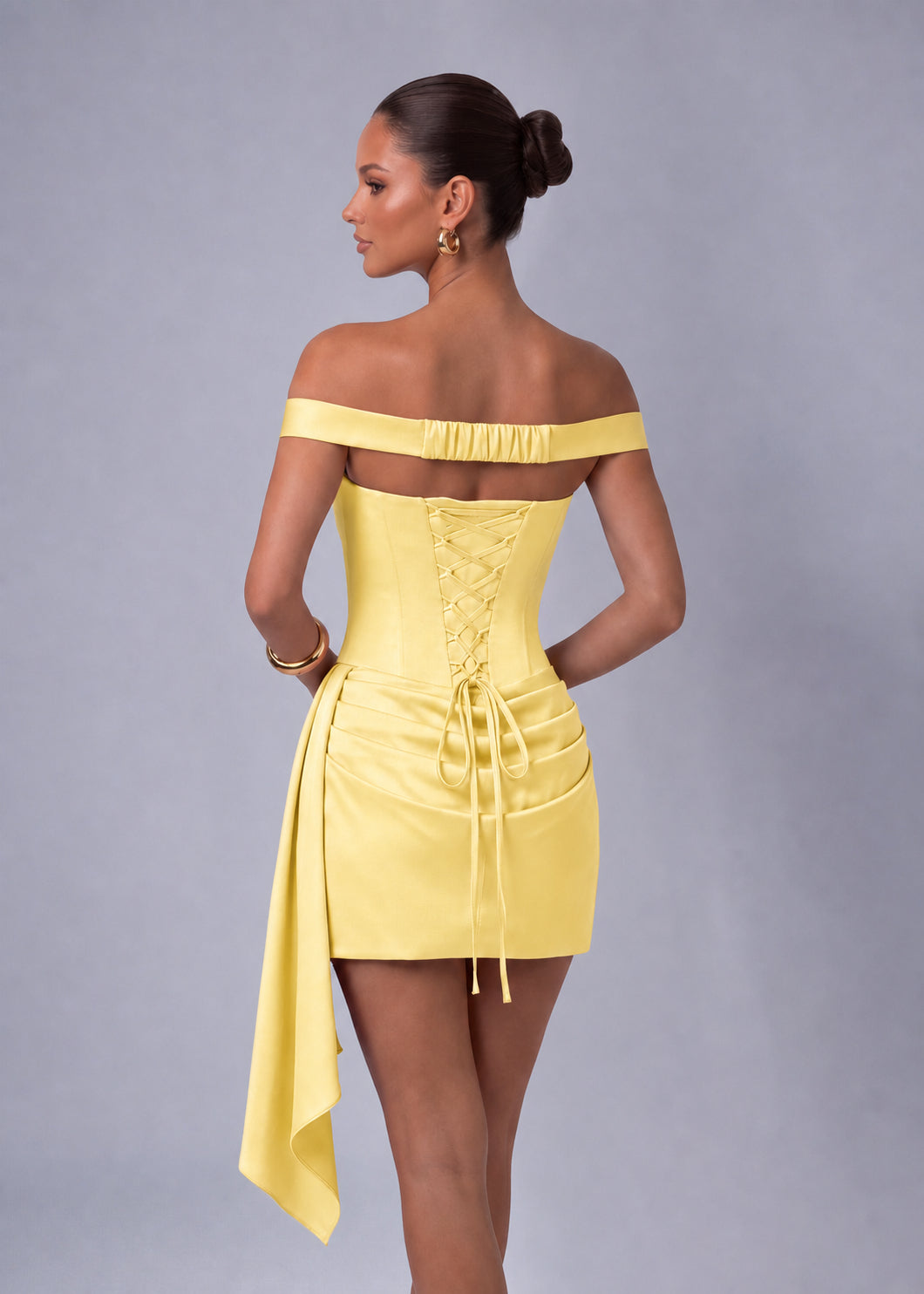 Off-Shoulder Satin Corset Ruched Side-Drape Mini Dress – Party & Cocktail Dress - Yellow - View 7
