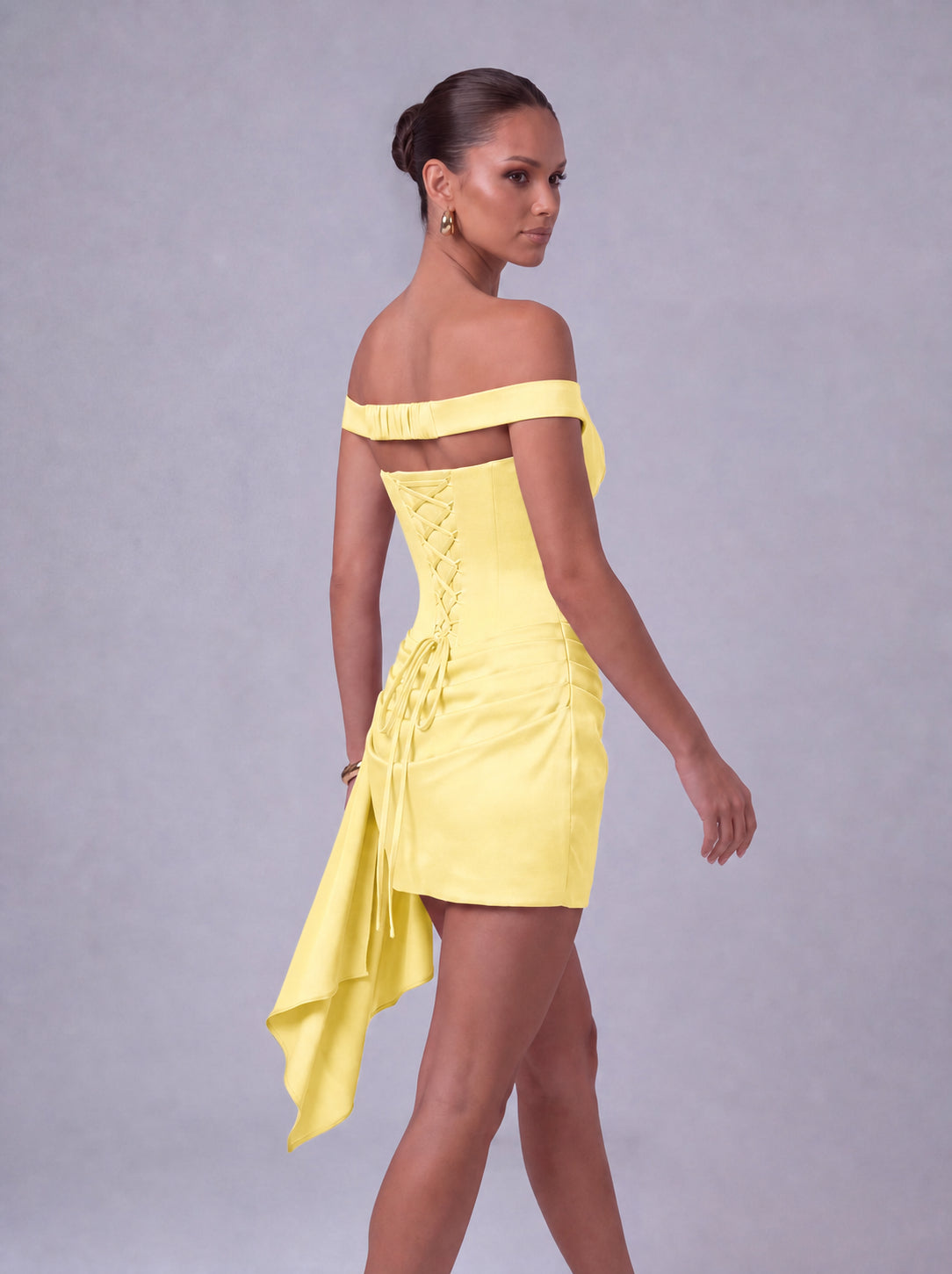 Off-Shoulder Satin Corset Ruched Side-Drape Mini Dress – Party & Cocktail Dress - Yellow - View 8
