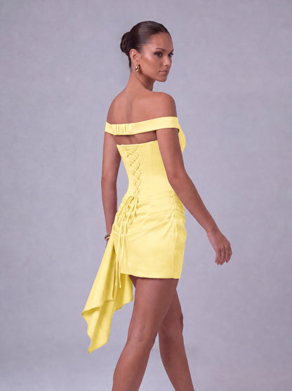 Off-Shoulder Satin Corset Ruched Side-Drape Mini Dress – Party & Cocktail Dress - Yellow - View 8