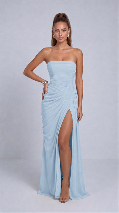 Strapless Ruched Lace-Up Back Slit Maxi Dress - Baby Blue - View 1