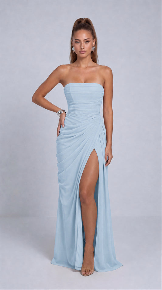 Strapless Ruched Lace-Up Back Slit Maxi Dress - Baby Blue - View 1