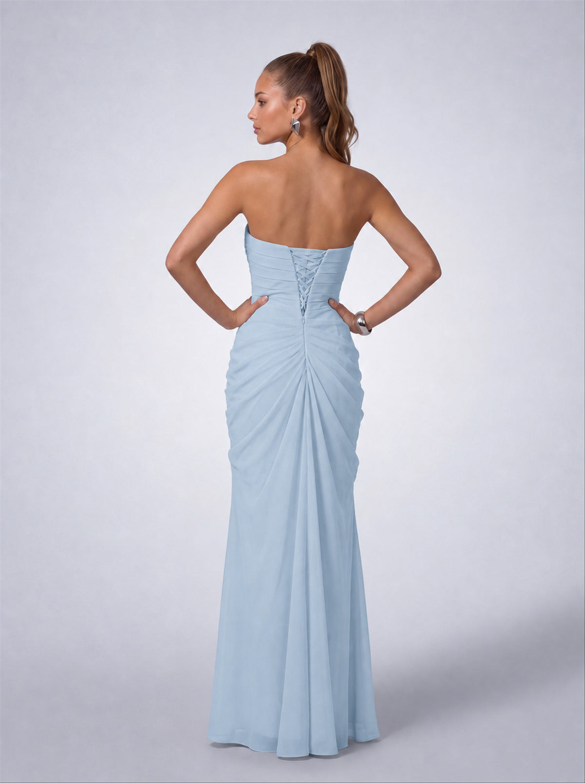 Strapless Ruched Lace-Up Back Slit Maxi Dress - Baby Blue - View 8
