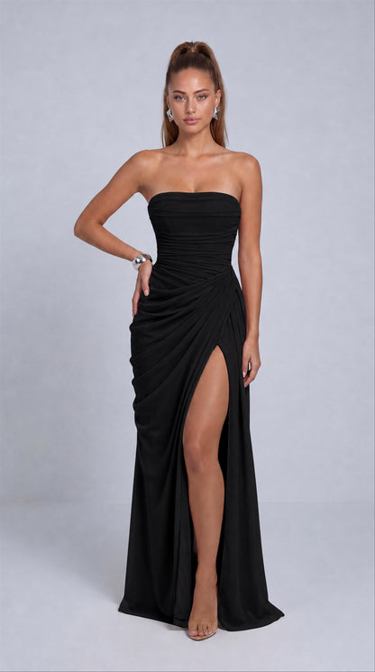 Strapless Ruched Lace-Up Back Slit Maxi Dress - Black - View 1