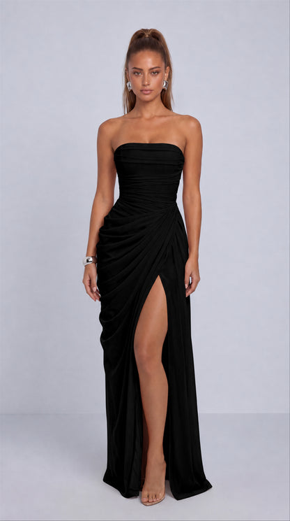 Strapless Ruched Lace-Up Back Slit Maxi Dress - Black - View 3