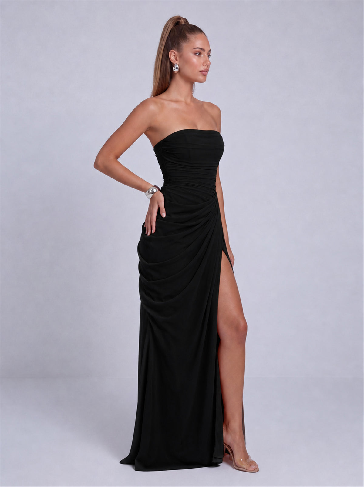 Strapless Ruched Lace-Up Back Slit Maxi Dress - Black - View 5