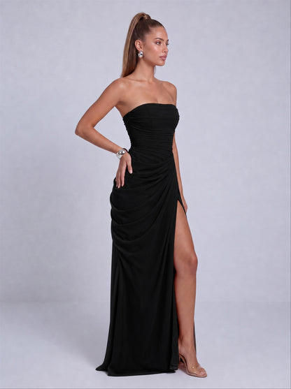 Strapless Ruched Lace-Up Back Slit Maxi Dress - Black - View 5