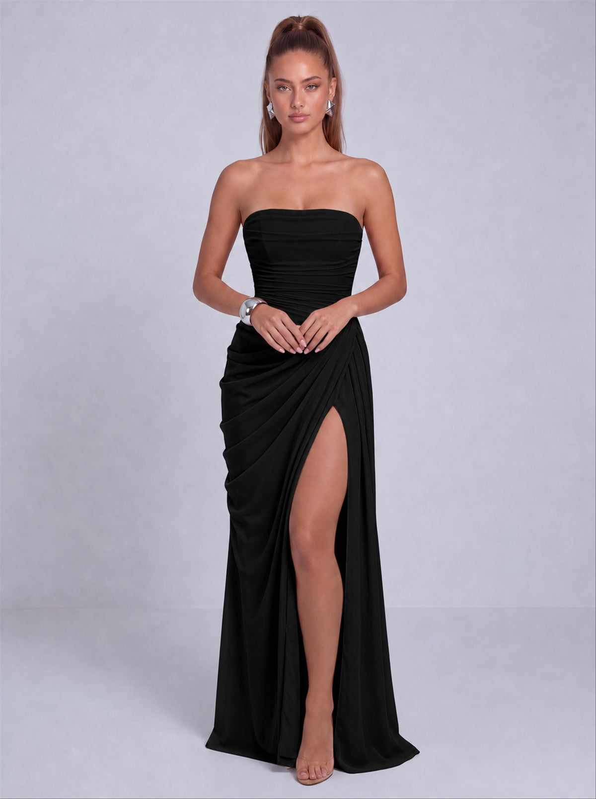 Strapless Ruched Lace-Up Back Slit Maxi Dress - Black - View 6