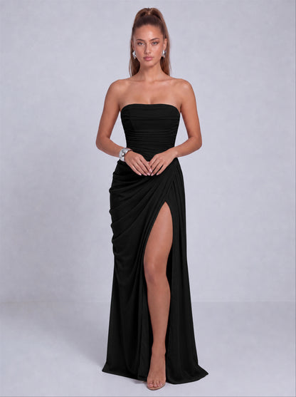 Strapless Ruched Lace-Up Back Slit Maxi Dress - Black - View 6