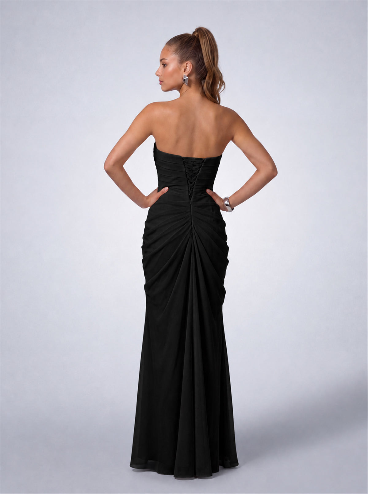 Strapless Ruched Lace-Up Back Slit Maxi Dress - Black - View 8