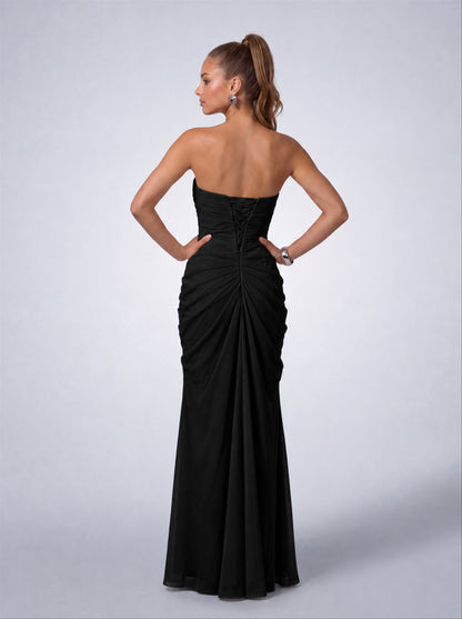 Strapless Ruched Lace-Up Back Slit Maxi Dress - Black - View 8