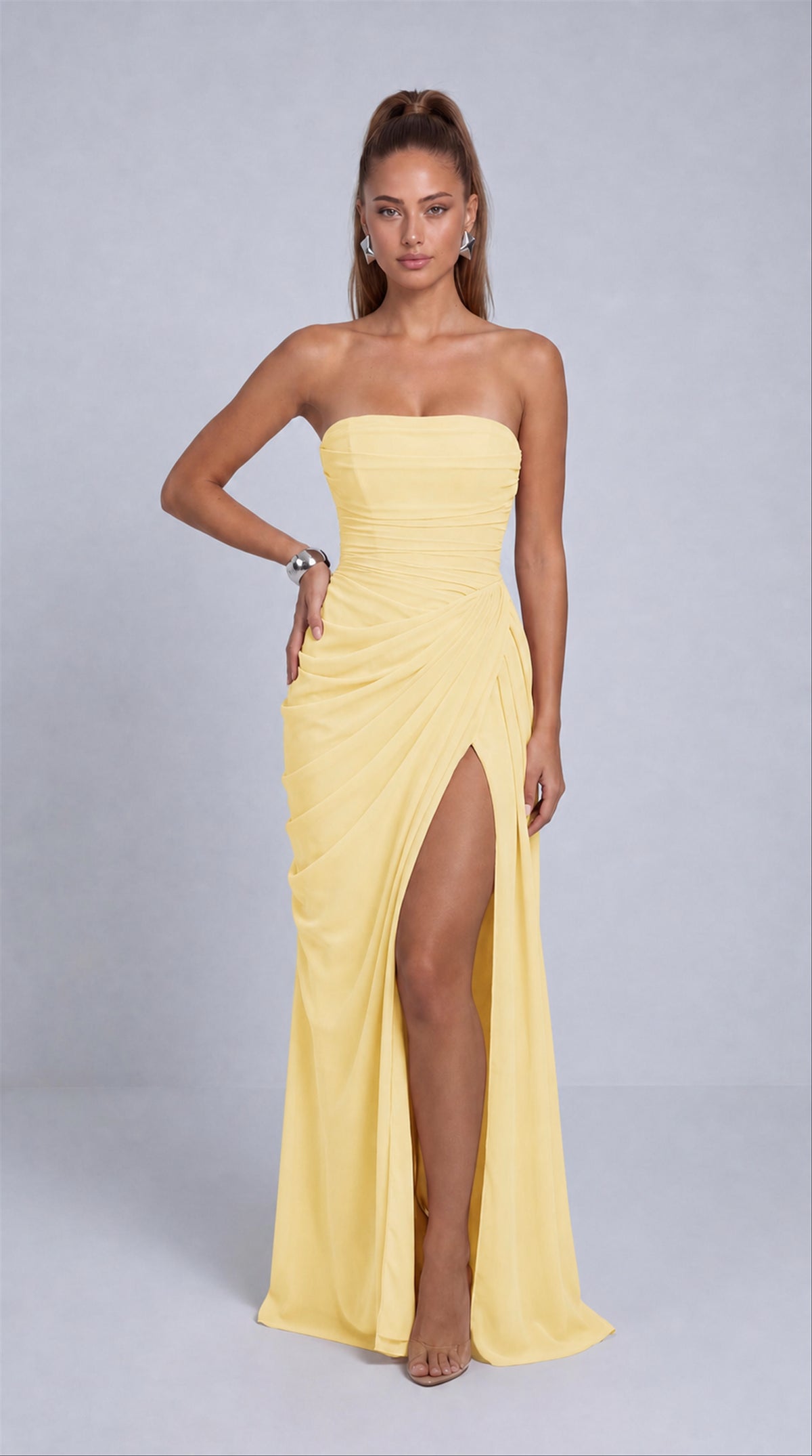 Strapless Ruched Lace-Up Back Slit Maxi Dress - Butter Yellow - View 1