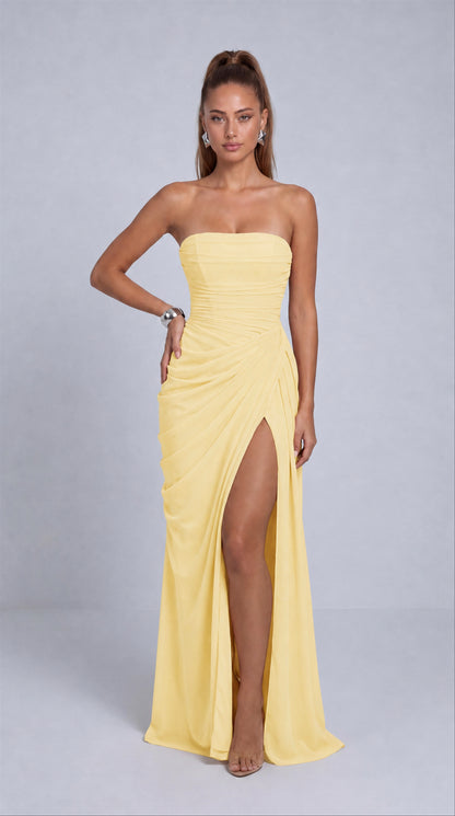 Strapless Ruched Lace-Up Back Slit Maxi Dress - Butter Yellow - View 1