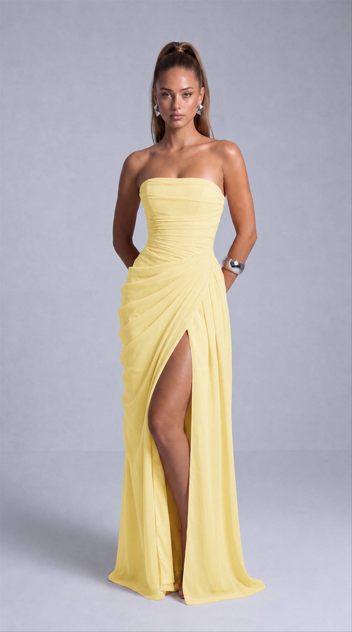 Strapless Ruched Lace-Up Back Slit Maxi Dress - Butter Yellow - View 2