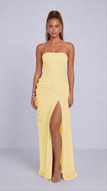 Strapless Ruched Lace-Up Back Slit Maxi Dress - Butter Yellow - View 3