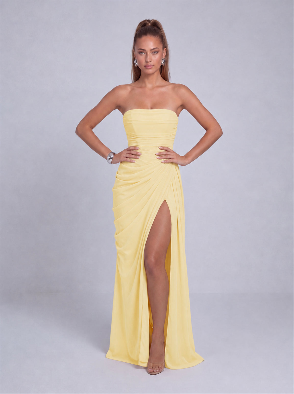 Strapless Ruched Lace-Up Back Slit Maxi Dress - Butter Yellow - View 4