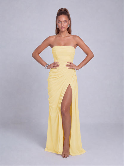 Strapless Ruched Lace-Up Back Slit Maxi Dress - Butter Yellow - View 4