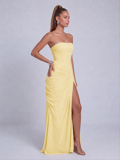 Strapless Ruched Lace-Up Back Slit Maxi Dress - Butter Yellow - View 5