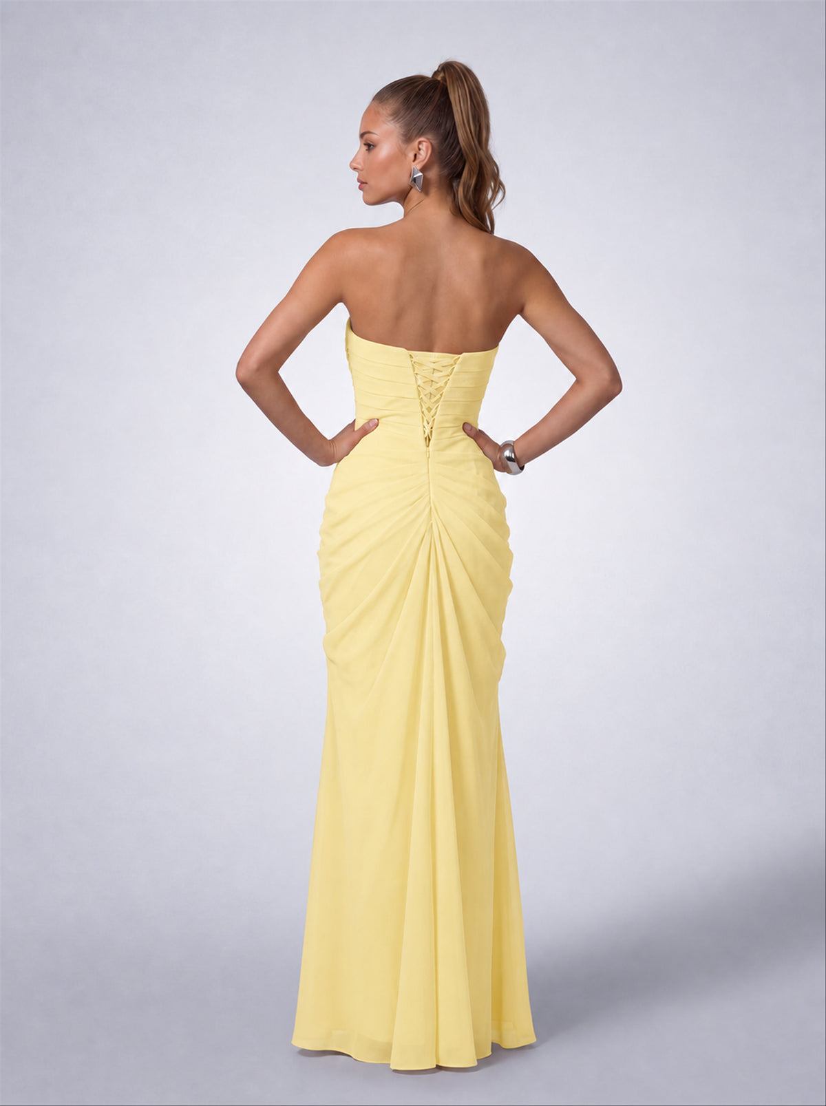 Strapless Ruched Lace-Up Back Slit Maxi Dress - Butter Yellow - View 8