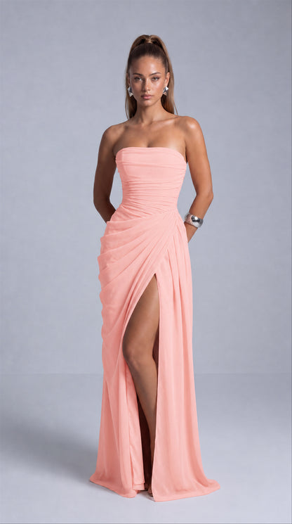 Strapless Ruched Lace-Up Back Slit Maxi Dress - Light Pink - View 2
