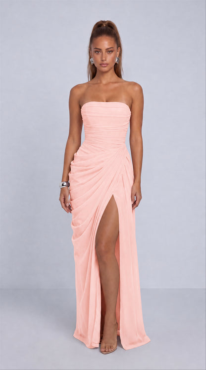 Strapless Ruched Lace-Up Back Slit Maxi Dress - Light Pink - View 3