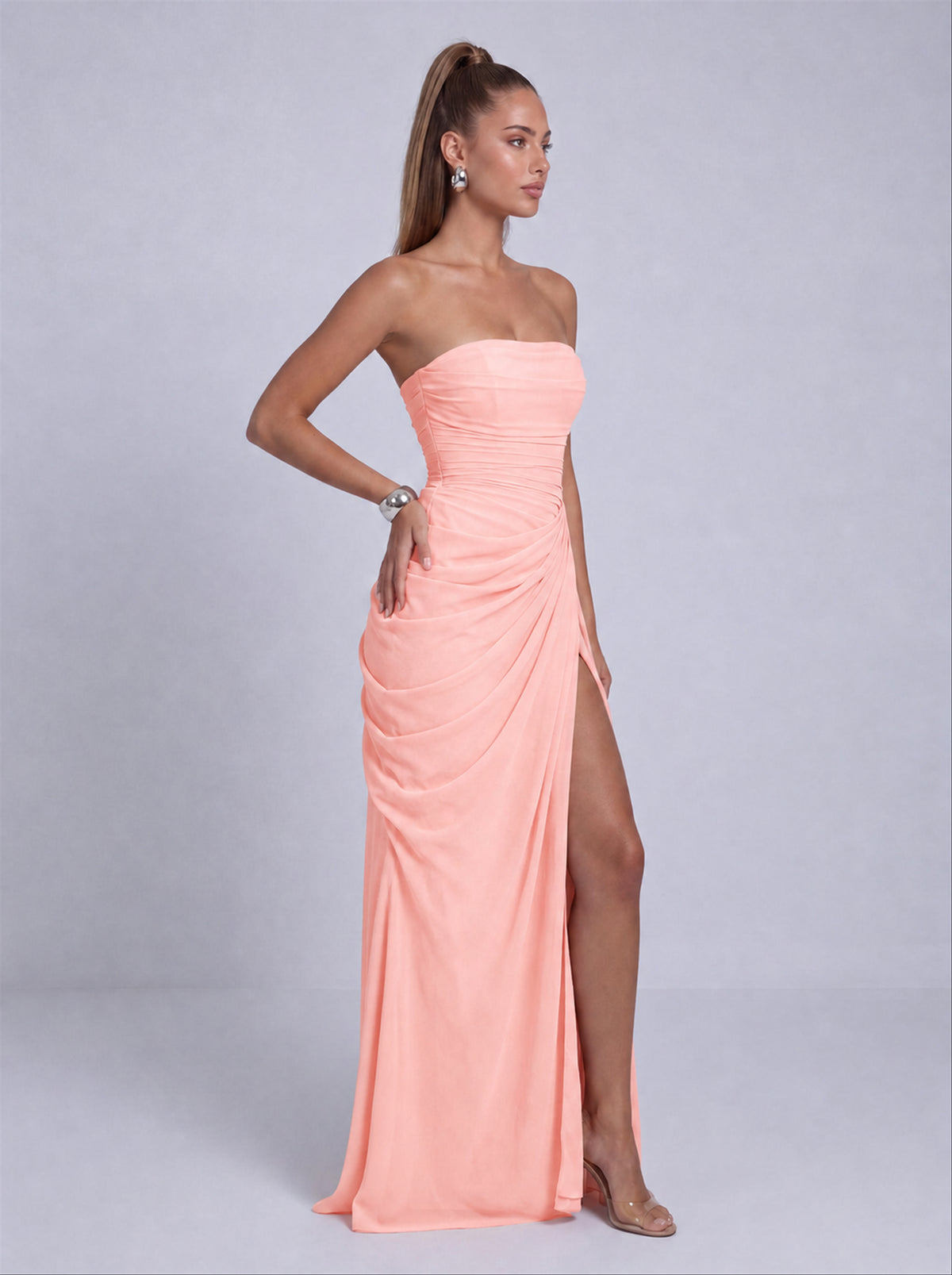 Strapless Ruched Lace-Up Back Slit Maxi Dress - Light Pink - View 5