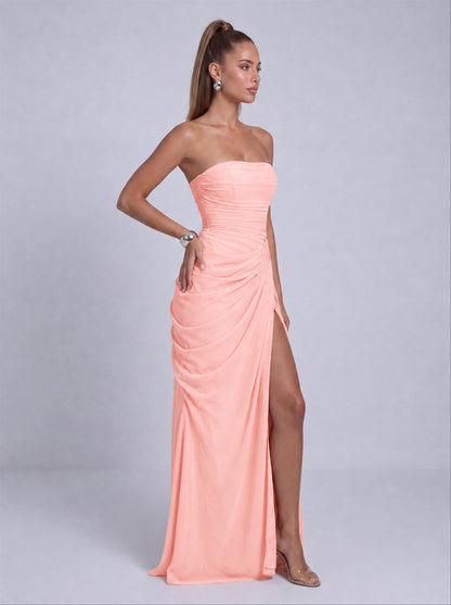 Strapless Ruched Lace-Up Back Slit Maxi Dress - Light Pink - View 5