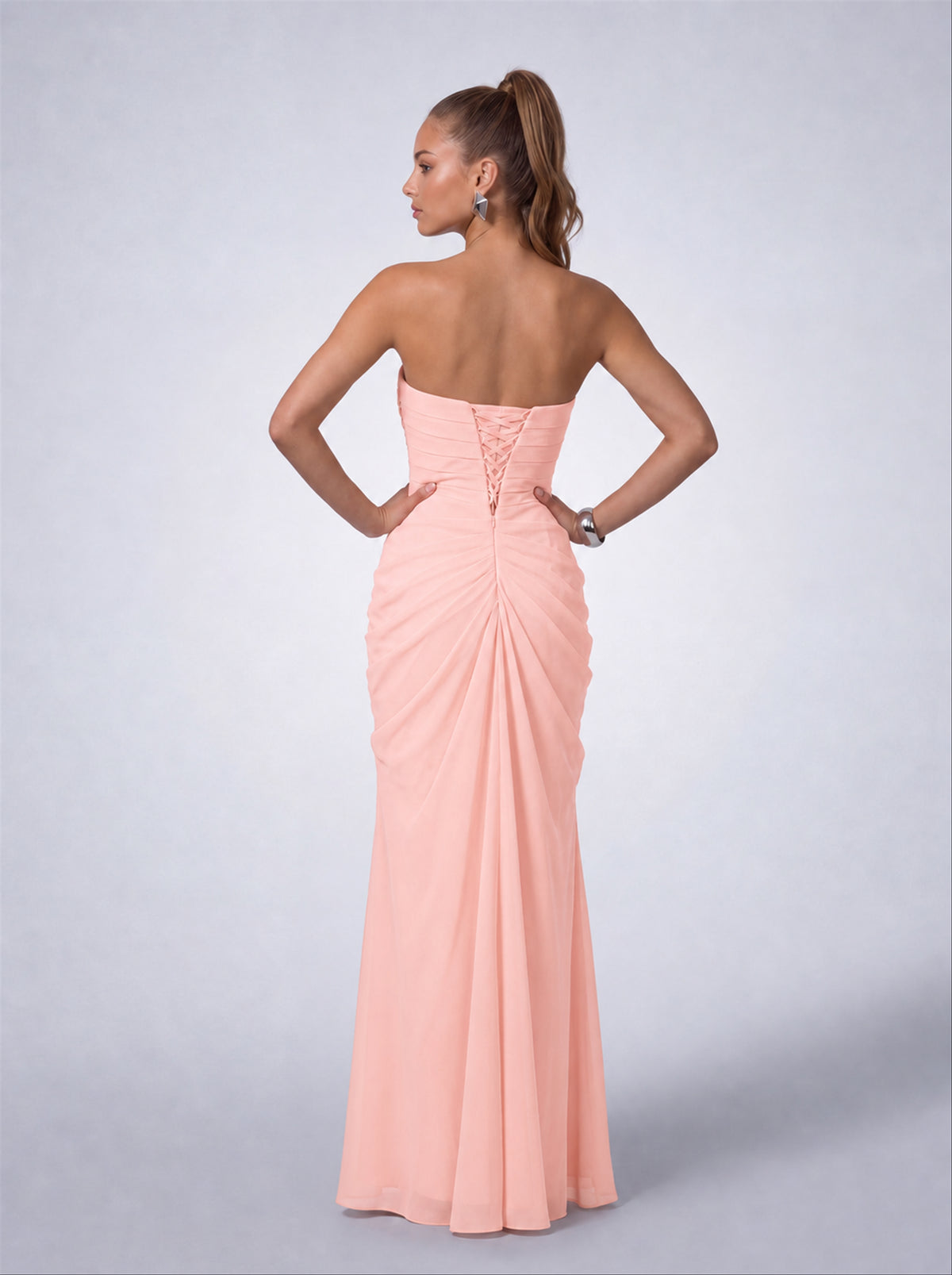 Strapless Ruched Lace-Up Back Slit Maxi Dress - Light Pink - View 8