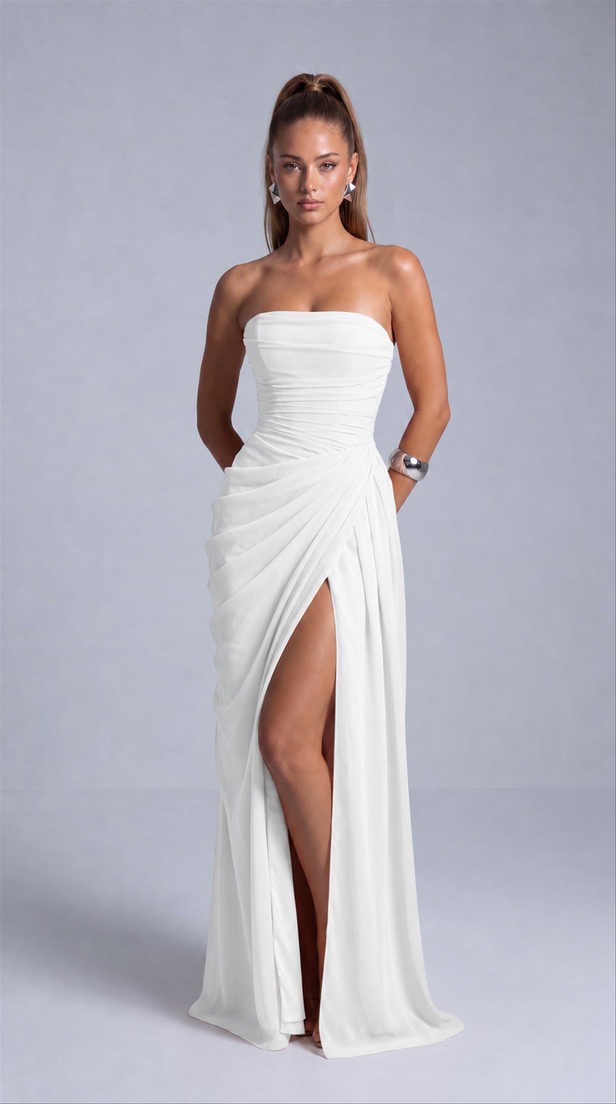 Strapless Ruched Lace-Up Back Slit Maxi Dress - White - View 2